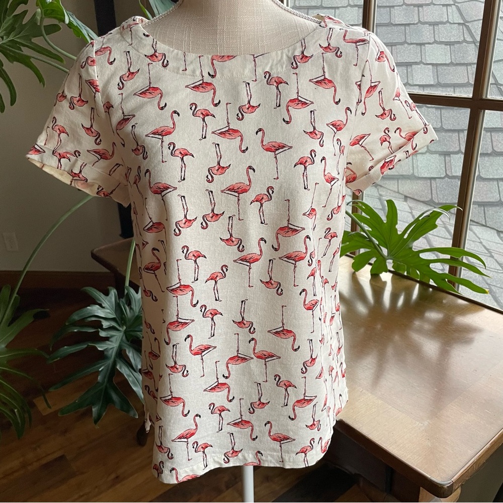 ModCloth Woven Linen Blend Pullover Flamingo Motif Top